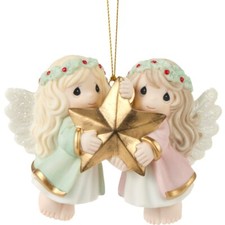  New PRECIOUS MOMENTS Christmas Ornament TWIN SISTERS ANGEL Golden Star Decor