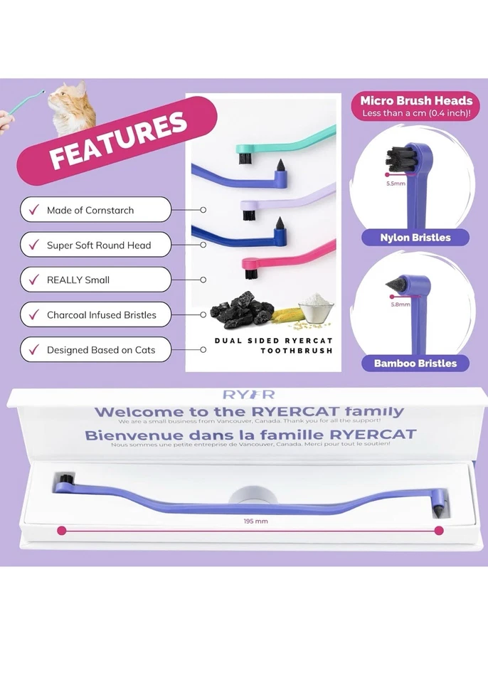 Cepillo de dientes RYERCAT de doble cara para gato, cepillo bucal para gatito con micro cabezal, azul Foto 2 de 4