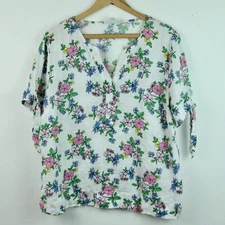 Charter Club Linen Women's Large Top White Floral Tie Sleeve Beachy Resort Boxy