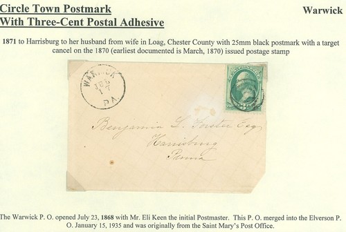 JUL 17 1871 WARWICK PA (EARLY USE, DPO) Cds, Cover Addressed to Harrisburg, #147