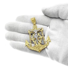 Anchor Jesus Crucifix Cross Mens Pendant 10k Yellow White Gold Charm 2.4 inch