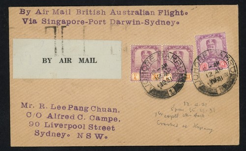 1931 Johore Malaya Crash Cover To Australia 46c First Flight Rare Airmail BIAS5 - Picture 2 of 3