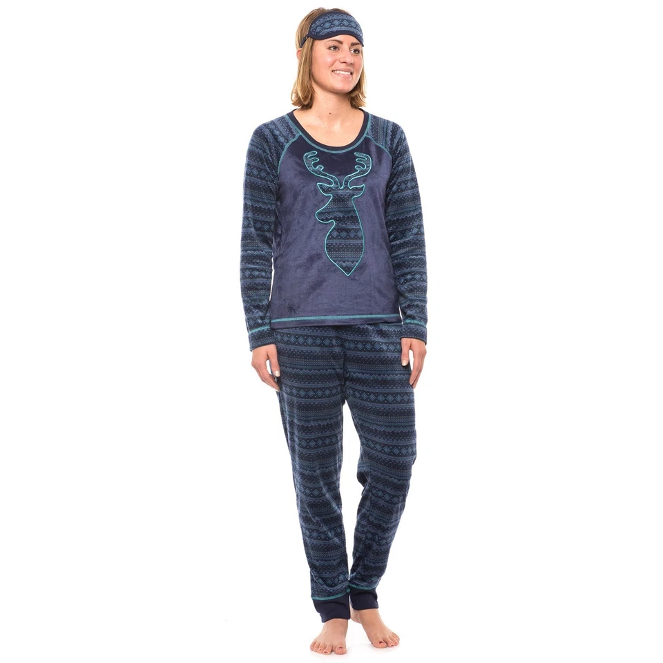 Conjunto de 3 piezas de pijama de vacaciones Dearfoams para mujer talla XL azul marino alce isla justa polar Foto 3 de 4