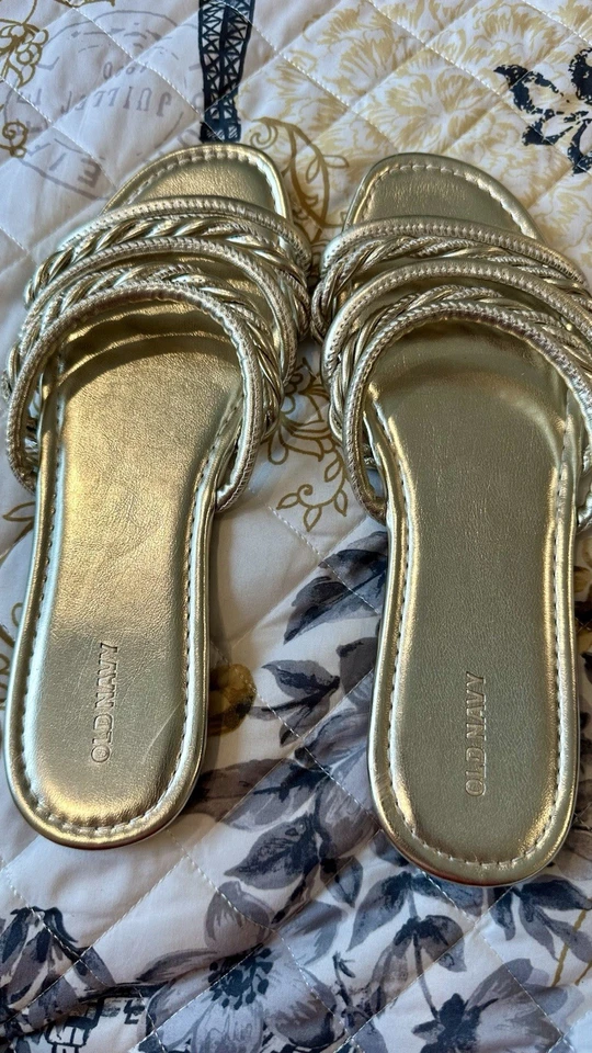 Sandalia antigua con correa cruzada dorada azul marino. Mujer Talla 9.5. Slip On Foto 3 de 4