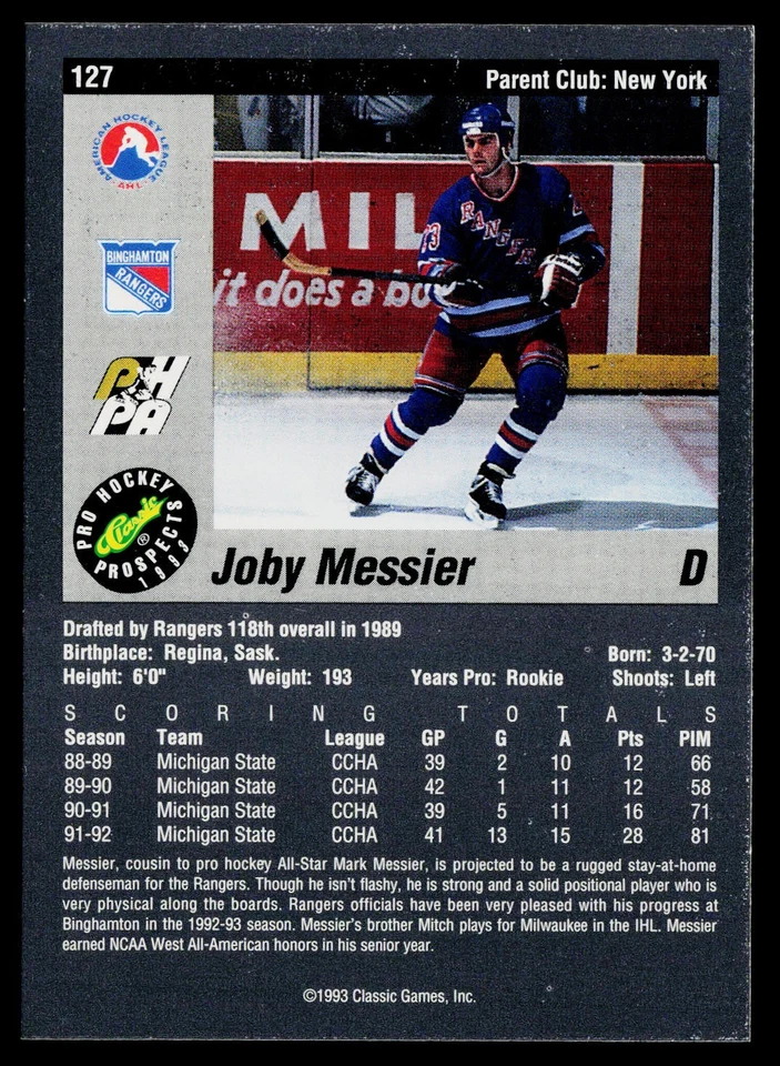 1993 Classic Pro Prospects #127 Joby Messier Binghamton Rangers - Image 2 of 2