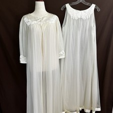 VINTAGE Chiffon Long Nightgown  Robe Peignoir Set MEDIUM Ivory Hollywood