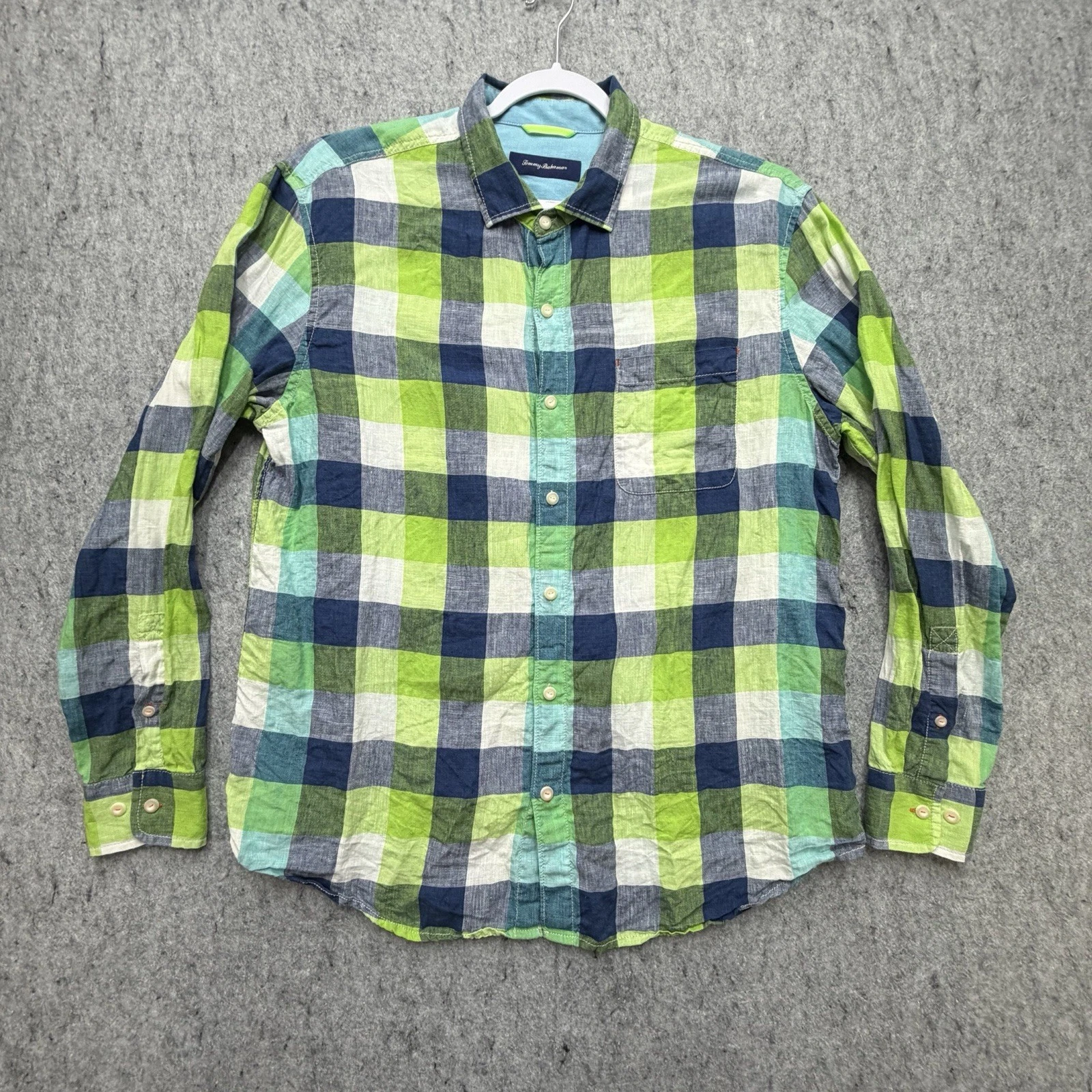Tommy Bahama Linen Shirt XL Green Blue Plaid Lightweight Button Up Long Sleeve