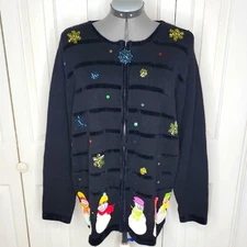 The Quacker Factory Cardigan Sweater Holiday Season Snowmen Size 2X Black