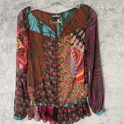 Desigual Women's Small EU 36 Top Sheer Chiffon Multicolor Boho Y2K Art Festival