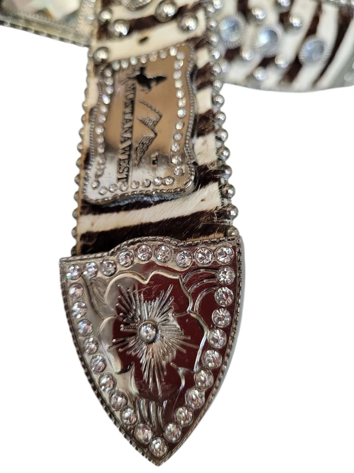 Cinto de couro Montana West ocidental estampa de zebra cabelo de bezerro strass cravejado 36 - Imagem 3 de 4