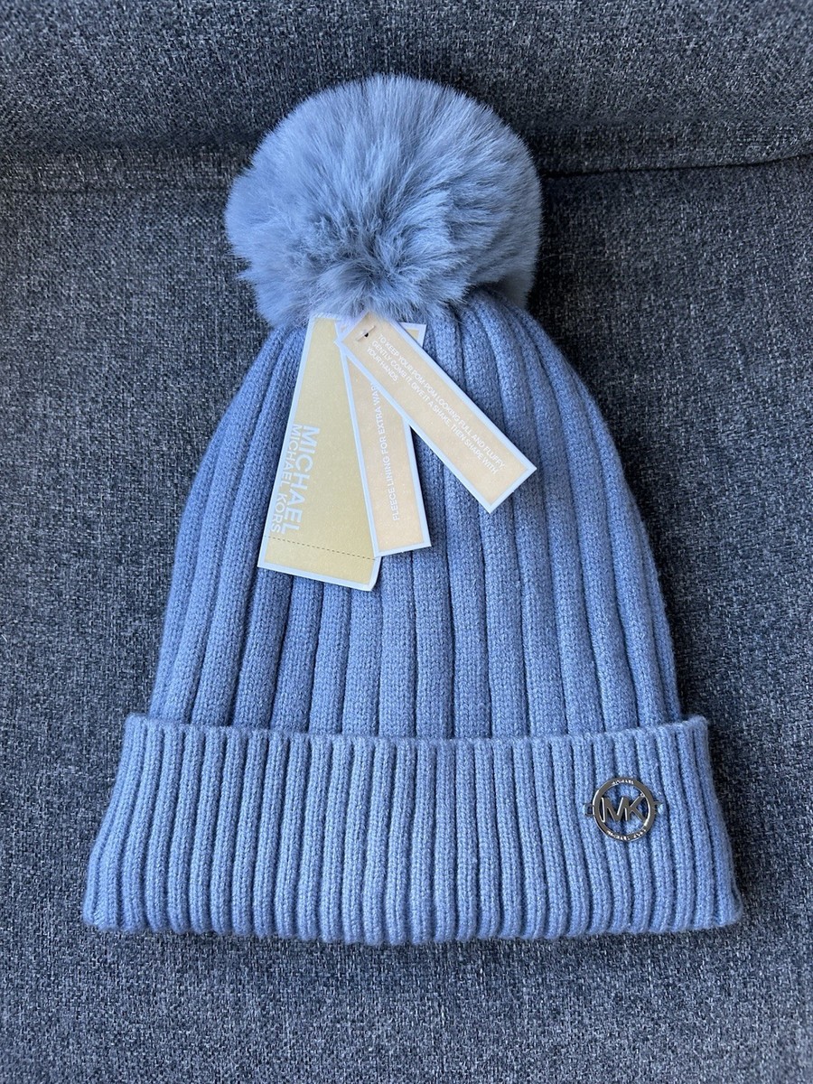 New! Michael Kors Womens Blue Fleece Lined Pom Pom Hat  display picture 3