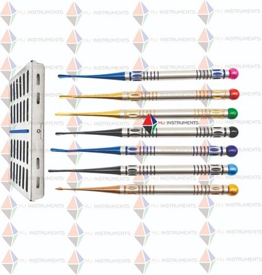 Set of 7 Mini Root Elevators with Plasma Coated Tips and Cassette 
