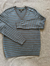 Banana Republic Men's Merino V-neck sweater, size M, blue stripes on gray