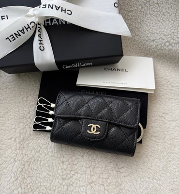Auth BNIB Chanel Black Caviar 4 Ring Key Holder w/ Light Gold hdw