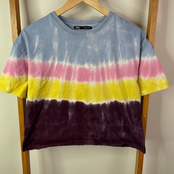 Zara Top Womens Small Blue Tie Dye Pattern Crew Neck Short Sleeve Crop T-Shirt