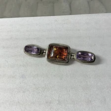 Lori Bonn Sterling Silver Brooch – Baltic Amber and 2 Amethyst Stones