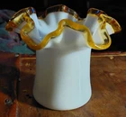 Vintage Fenton White Milk Glass Vase With Marigold Yellow Crimped Trim Unmarked