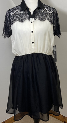 Almost Famous Hemdblusenkleid schwarz-weiß Größe L Wimpern Spitzenbesatz *ohne Gürtel neu mit Etikett