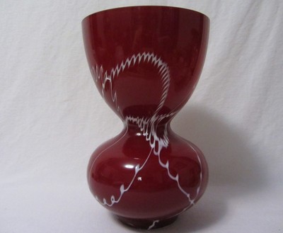 Large Art Deco Hand Blown Red White Glass Vase Bx Glass Hour