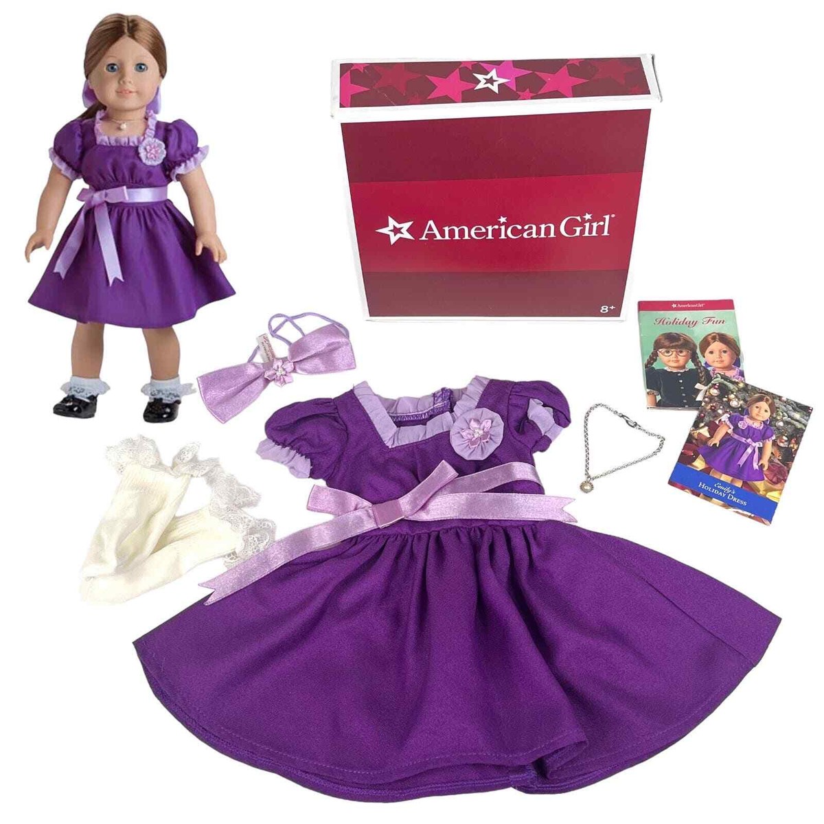 American Girl Emily Holiday Outfit Purple Dress Necklace Bow Socks Cards Box
