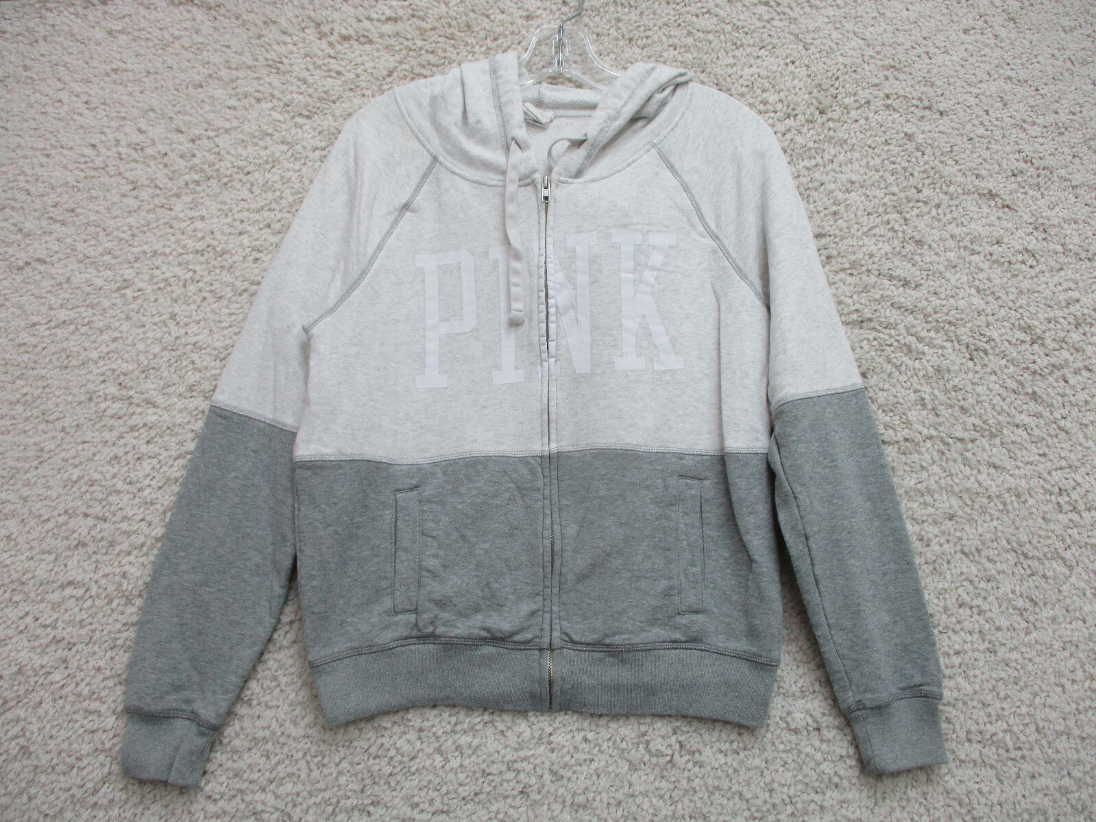 PINK Victoria Secret Sweater Small Adult Gray Logo Hoodie Full Zip Pocket Womens