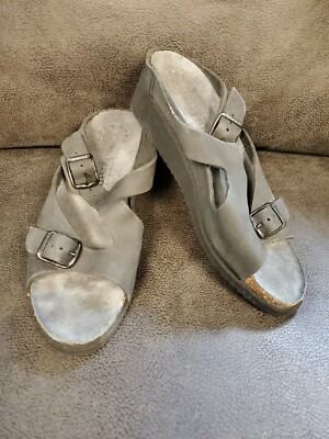 Mephisto Black Leather Cork Footbed Sz 38 (7 US) Sandals Wedge EUC