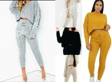 Womens Cable Knitted Baggy 2 Pieces Lounge Wear Casual Set Ladies Suit Tracksuit