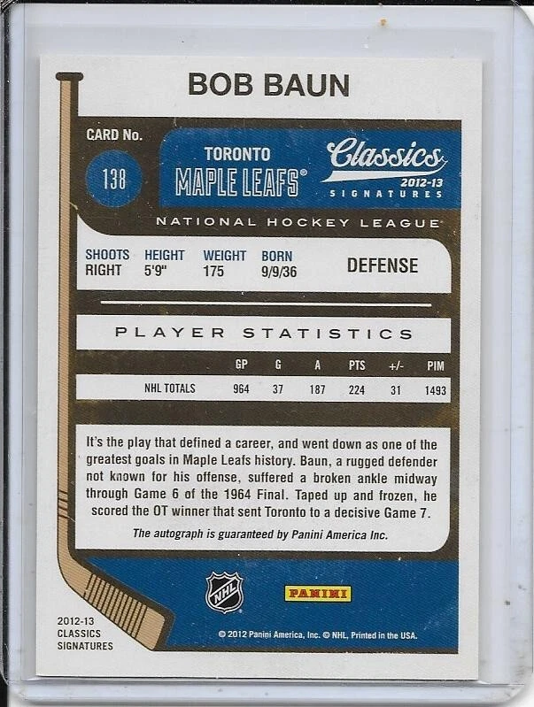2012-13 Panini Classic Signatures Bob Baun Auto # 138 - Image 2 of 2