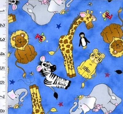 31 Inch Counting Two By Two Animals Blue Cotton Fabric monkey elephants 7/8 Yard