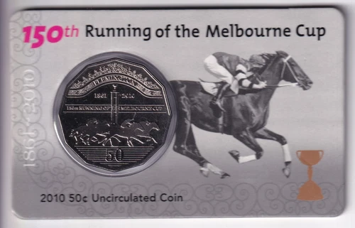 AUSTRALIAN: 2010 50 CENT 150TH RUNNING OF THE MELBOURNE CUP COIN ON CARD ,. ,.