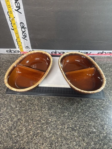 2 Vintage Hull Brown Drip Glaze Oval Divided Serving Bowl 11x7.5” Oven Proof USA