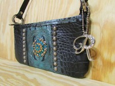 Raviani Black Blue Embossed Leather Crystal Concho Small Crossbody Bag Shoulder 