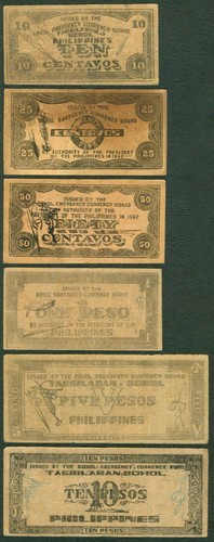 BOHOL 6 pcs. 1942 US Philippines WW2 Emergency Notes 10, 25, 50c, 1, 5, 10 pesos - Picture 3 of 4