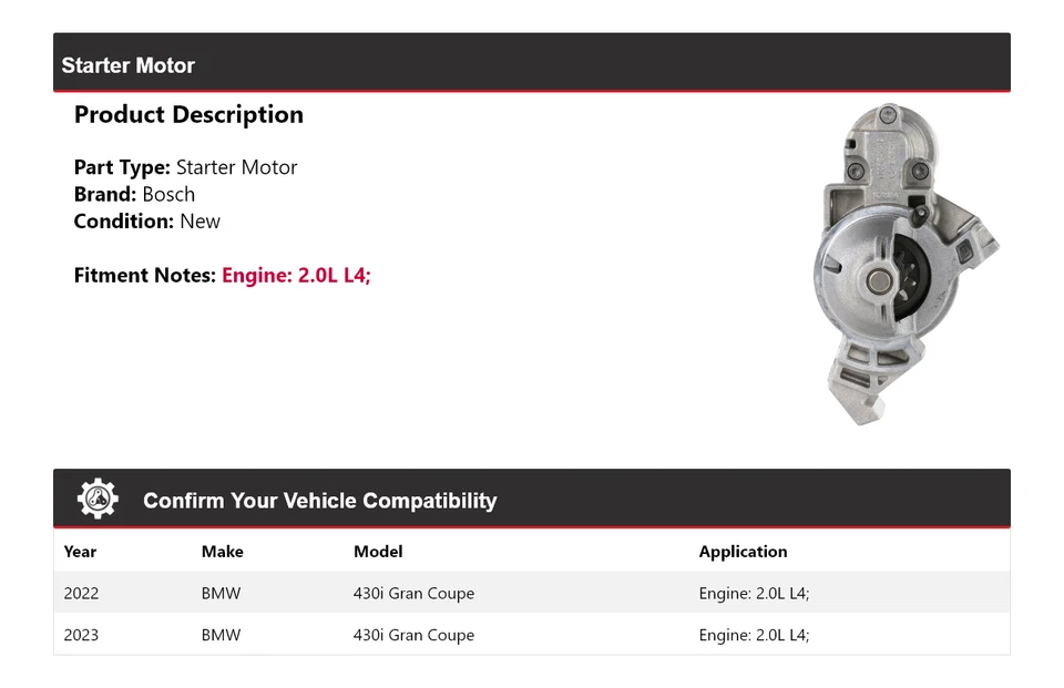 Arranque Bosch para BMW 430i Gran Coupé 2022-2023 2,0 L L4 (nuevo) Foto 2 de 4