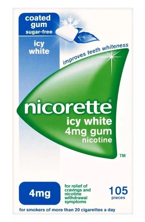 4 Packungen Nicorette Icy White 4mg Kaugummi Nikotin 105 Stück Ablauf 2027