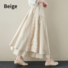 Femme Lin Jupe Floral Dentelle Taille Haute A Ligne Élastique Rétro Décontracté
