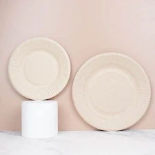 50 Natural Round Sustainable Bagasse Salad Dinner PLATES Ribbed Rim Party Events