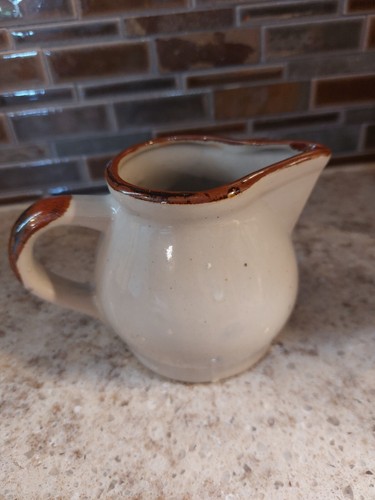 Stoneware 8 oz Small Cream Pitcher (Cream, Blue & Brown) Made in Taiwan - Picture 2 of 4