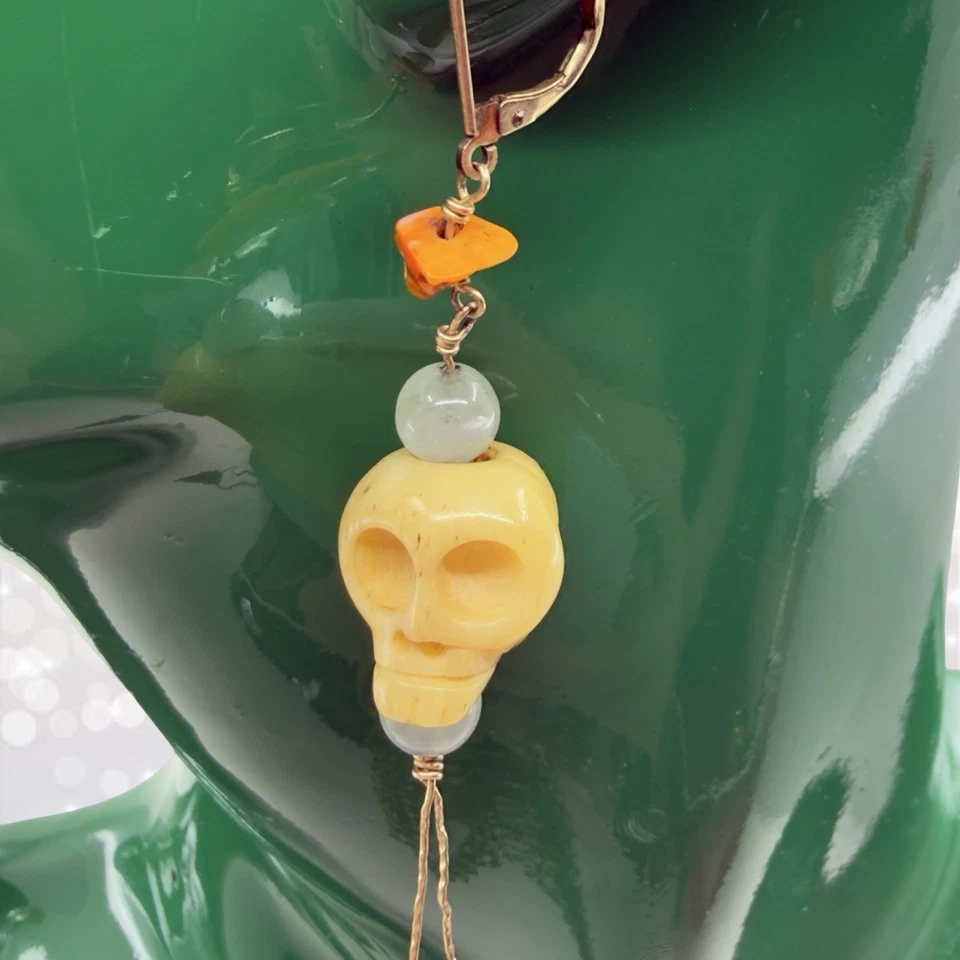 PENDIENTES BORLA COLGANTES ARTESANO GÓTICO CALAVERA Halloween relleno oro 14k vintage Foto 2 de 4