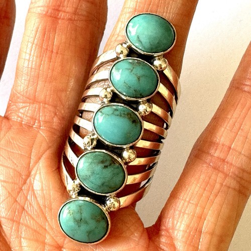 Long Navajo Ring Sz 9 Signed Yazzie Turquoise Sterling Native American 5 Stone 1
