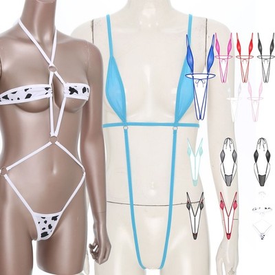 Women Extreme Micro Monokini Swimsuit Cute Bow Striped Sling Bodysuit Nightwear