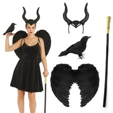 LADIES EVIL WITCH COSTUME HALLOWEEN FAIRYTALE COSTUME HORNS WINGS CANE CROW PROP