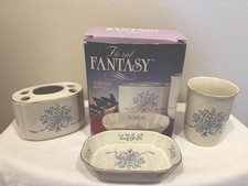 Vintage Stoneware 3pc Bathroom Vanity Set Made Japan Lavender Pink Ribbon W/Box
