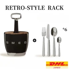 SMEG Black Cutlery Holder Caddy + 6 Cutlery Sets Retro Dining Bundle DHL Express