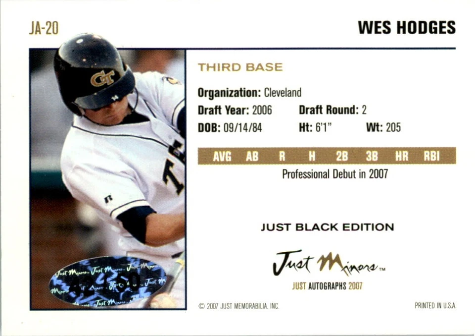 2007 Just Autographs Black #20 Wes Hodges /50 - BB - Image 2 of 2