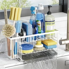 White 2-Tier Kitchen Sink Caddy Organzier Rack with Flexible Dish Brush Holde...