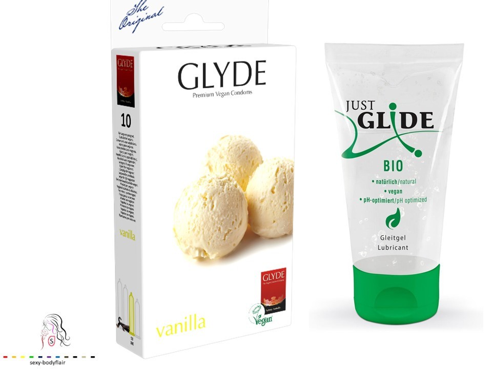 ♥ 10 GLYDE Ultra Kondome Vanilla 53mm Condome + 50ml Just Glide Bio Gleitgel