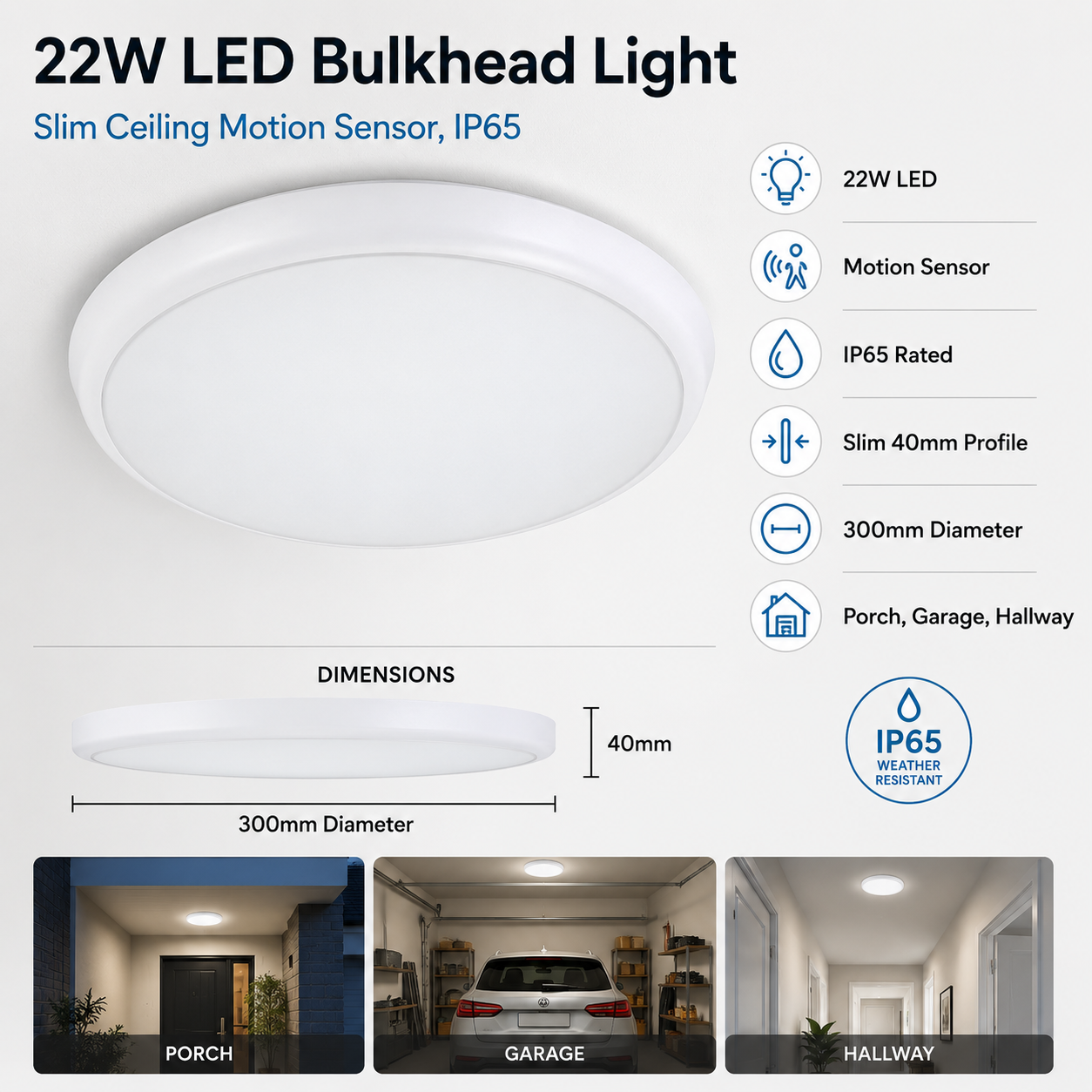 22W LED Bulkhead Light Slim Ceiling Motion Sensor IP65 Porch Garage Lighting