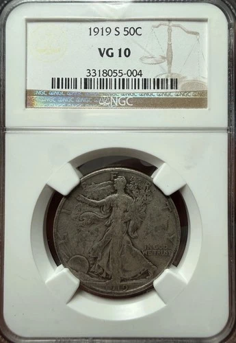 1919-S WALKING LIBERTY SILVER HALF DOLLAR NGC VG10 Excellent 50c Original