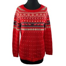 WOOLRICH Women's Red Wool Blend Fair Isle Knit Crew Sweater Sheep Pullover M